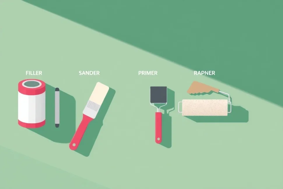 Outils de peinture disposés dans l'ordre des étapes du chantier