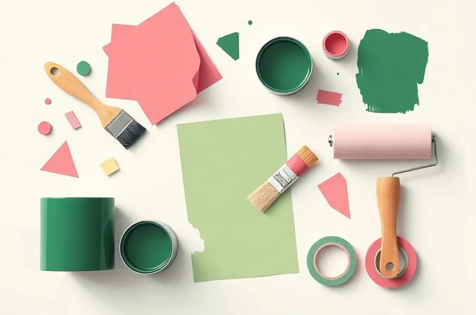 Pots de peinture, nuancier, brosses et rouleaux disposés à plat