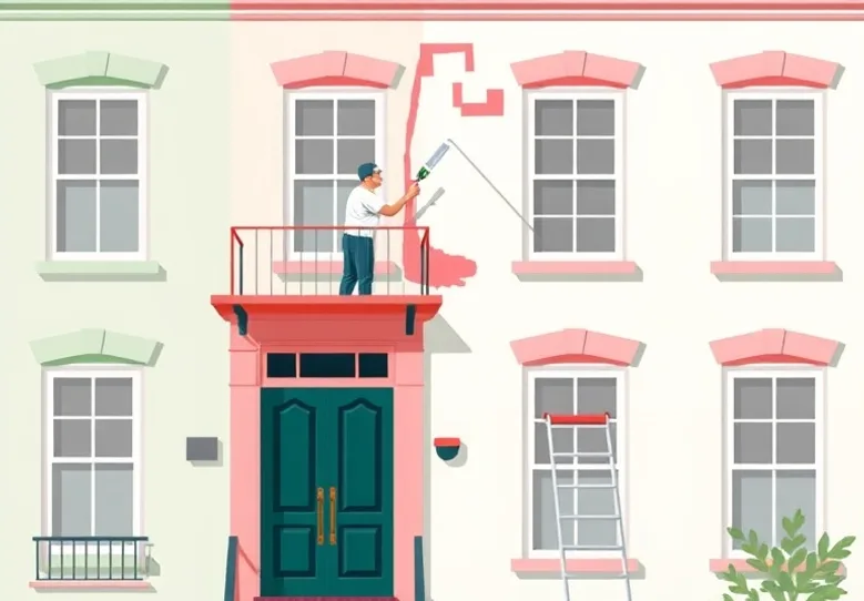 Peintre sur échafaudage traitant la façade d'une maison